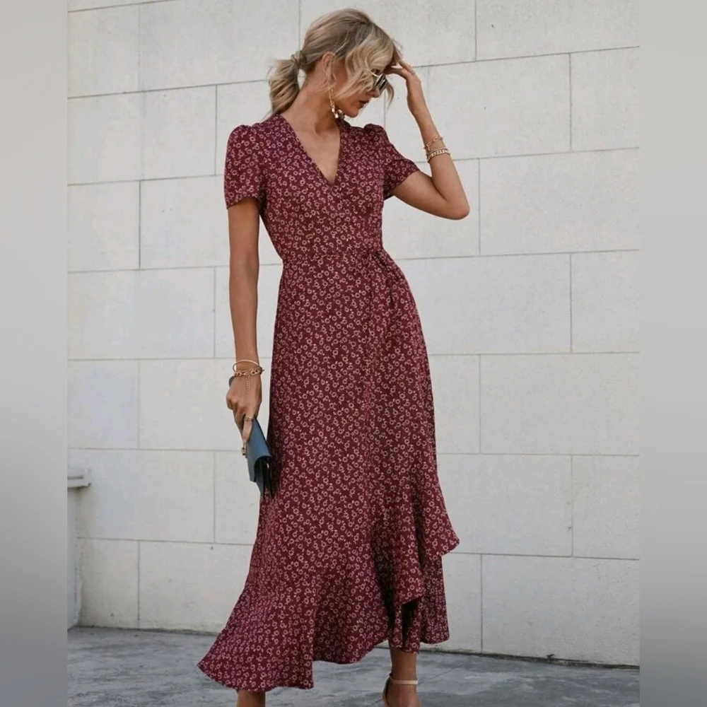 New Boho Floral Wrap Ruffle Maxi Dress Burgundy Red White - Picture 5 of 9